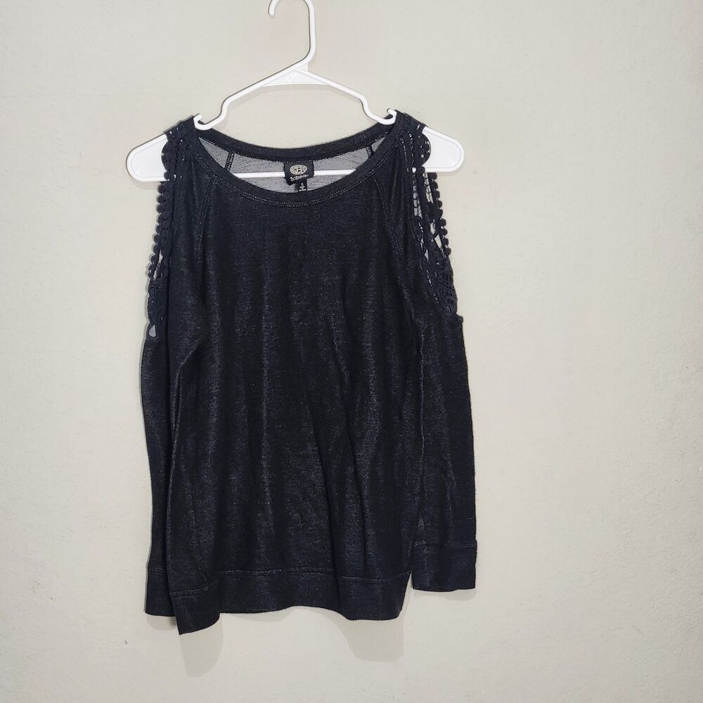 Bobeau Womens Small Cold Shoulder Crochet Trim Knit Top Black Long Sleeve Boho